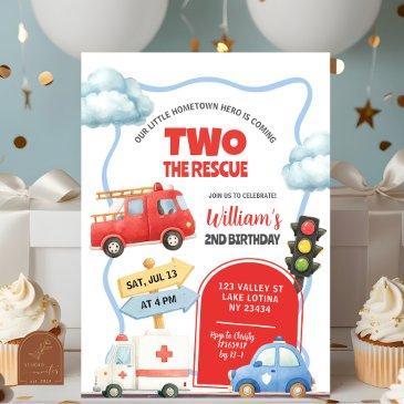emergency vehicles two the rescue 2nd birthday invitation