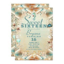 Small Enchanted Cream Under Sea Pearls Ribbon Sweet 16 Invitation Front View