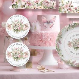 Small Enchanted Fairy Floral Welcome Baby Girl Shower Classic Round Sticker Front View