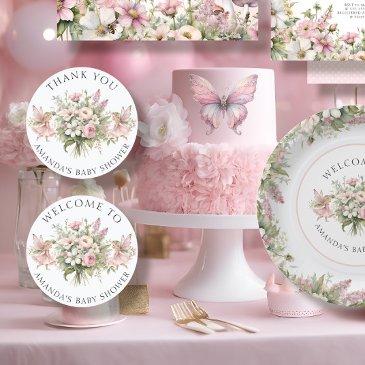 enchanted fairy floral welcome baby girl shower classic round sticker
