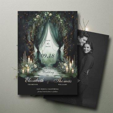enchanted forest moody dramatic photo wedding save the date