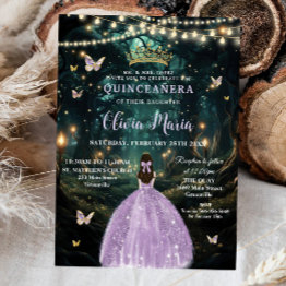 Small Enchanted Forest Purple Lilac Dress Quinceañera Invitation Front View