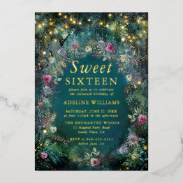 Small Enchanted Forest Rose Fairy Woodland Sweet 16 Foil Invitation Front View