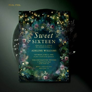 enchanted forest roses gold light magical sweet 16 foil invitation