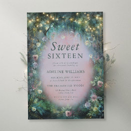 Small Enchanted Forest Roses Misty Pink Green Sweet 16 Invitation Front View