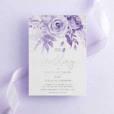 enchanted purple rose wedding silver foil invitation
