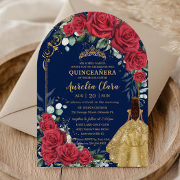 Small Enchanted Red Roses Floral Navy Quinceañera Arch Invitation Front View
