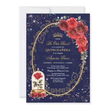 enchanted rose quinceañera navy red gold birthday invitation
