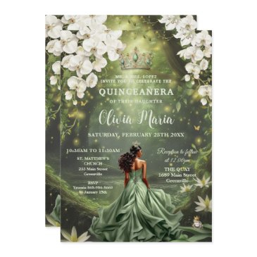enchanting princess & frog green gown quinceañera invitation