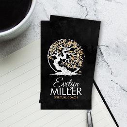 Small Enso Zen Circle Sakura Tree - Golden Blossom Business Invitations Front View