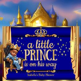 Small Ethnic Prince Royal Blue Gold Throne Baby Shower Invitation Front View