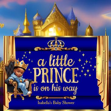 ethnic prince royal blue gold throne baby shower invitation
