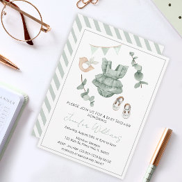 Small Eucalyptus Baby Girl Clothes Shower Invitation Front View