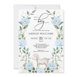 Small Eucalyptus Blue Flower Lamb Boy Baby Shower Invitation Front View