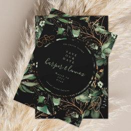 Small Eucalyptus Golden Boho Elegant Onyx Pampas Black Save The Date Front View