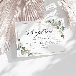 Small Eucalyptus Greenery Elegant Frame Baptism Invitation Front View