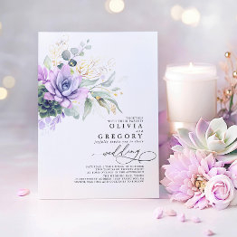 Small Eucalyptus Greenery Succulents And Gold Wedding Invitation Front View