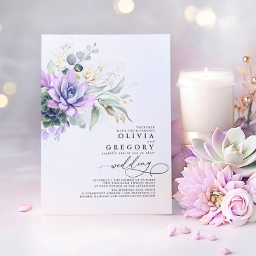 eucalyptus greenery succulents and gold wedding invitation