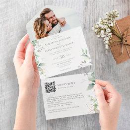 Small Eucalyptus Leaves Elegant Photo Qr Code Wedding All In One Invitation Front View