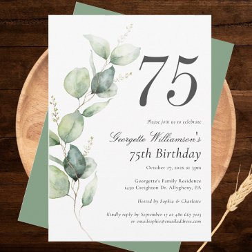 eucalyptus watercolor script 75th birthday invitation