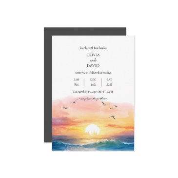 evening beach sunset scenery watercolor wedding invitation
