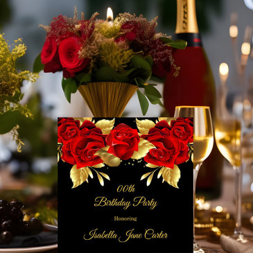 exotic red rose black floral golden birthday party invitation
