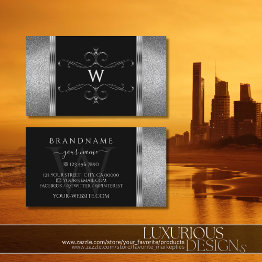 Small Eye Catching Black Silver Glitter Ornate Monogram Business Invitations Front View