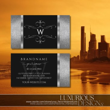 eye catching black silver glitter ornate monogram business invitations