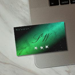 Small Eye Catching Black Teal Sparkling Jewels Initials Business Invitations Front View