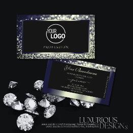 Small Eye Catching Blue Silver Ombre Glitter Logo Black Business Invitations Front View