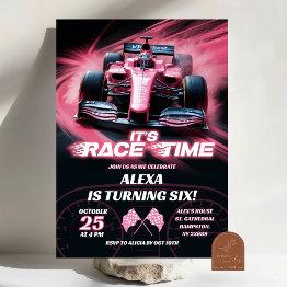 Small F1 Pink Racing Car Birthday Girl Invitation Front View