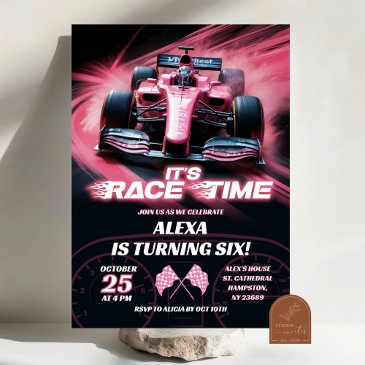 f1 pink racing car birthday girl invitation