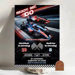 Small F1 Two Race Car Joint Birthday Invitation Front View