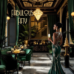 Small Fabulous Art Deco Room Ethnic Woman Green Gold Invitation Front View