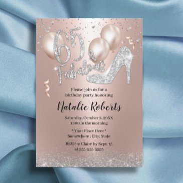 fabulous rose gold balloon high heel 65th birthday invitation