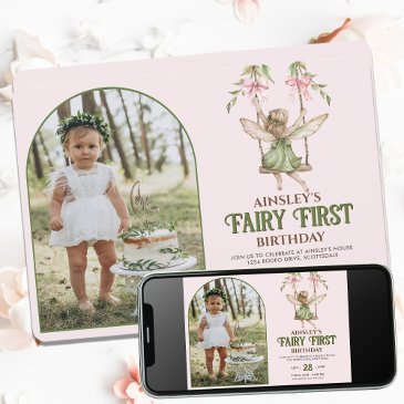 fairy first personalized photo pink 1st birthday invitation