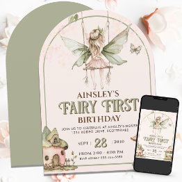 Small Fairy First Personalized Pink Sage 1st Birthday Invitation Front View
