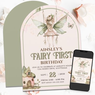 fairy first personalized pink sage 1st birthday invitation