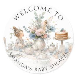 Small Fairy Tea Party Floral Welcome Baby Girl Shower Classic Round Sticker Front View