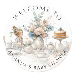Small Fairy Tea Party Floral Welcome Baby Girl Shower Classic Round Sticker Front View