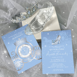 Small Fairytale Baby Blue Silver Cinderella Quinceanera Invitation Front View