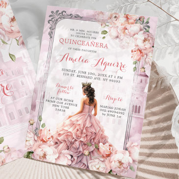 fairytale royal castle blush pink quinceañera invitation