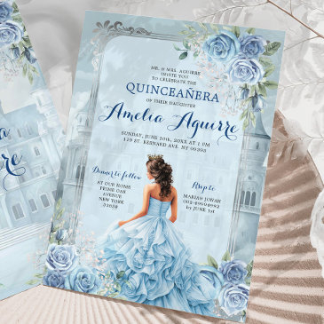 fairytale royal castle light blue quinceañera invitation