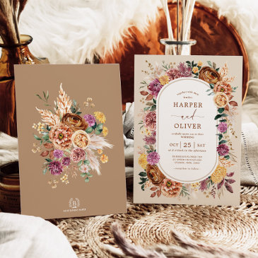 fall boho terracotta purple floral wedding invitation