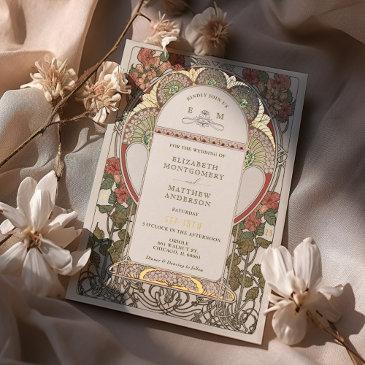 fall burnt orange gold wedding art nouveau mucha foil invitation