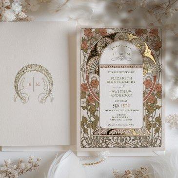fall burnt orange gold wedding art nouveau mucha foil invitation