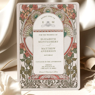 fall burnt orange gold wedding art nouveau mucha invitation