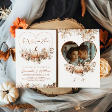 fall in love floral pumpkin hear photo wedding invitation