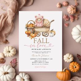 Small Fall In Love Pink Girl Gingham Bear Baby Shower Invitation Front View