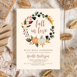 Small Fall In Love Pumpkin Wreath Baby Shower Invitation Front View